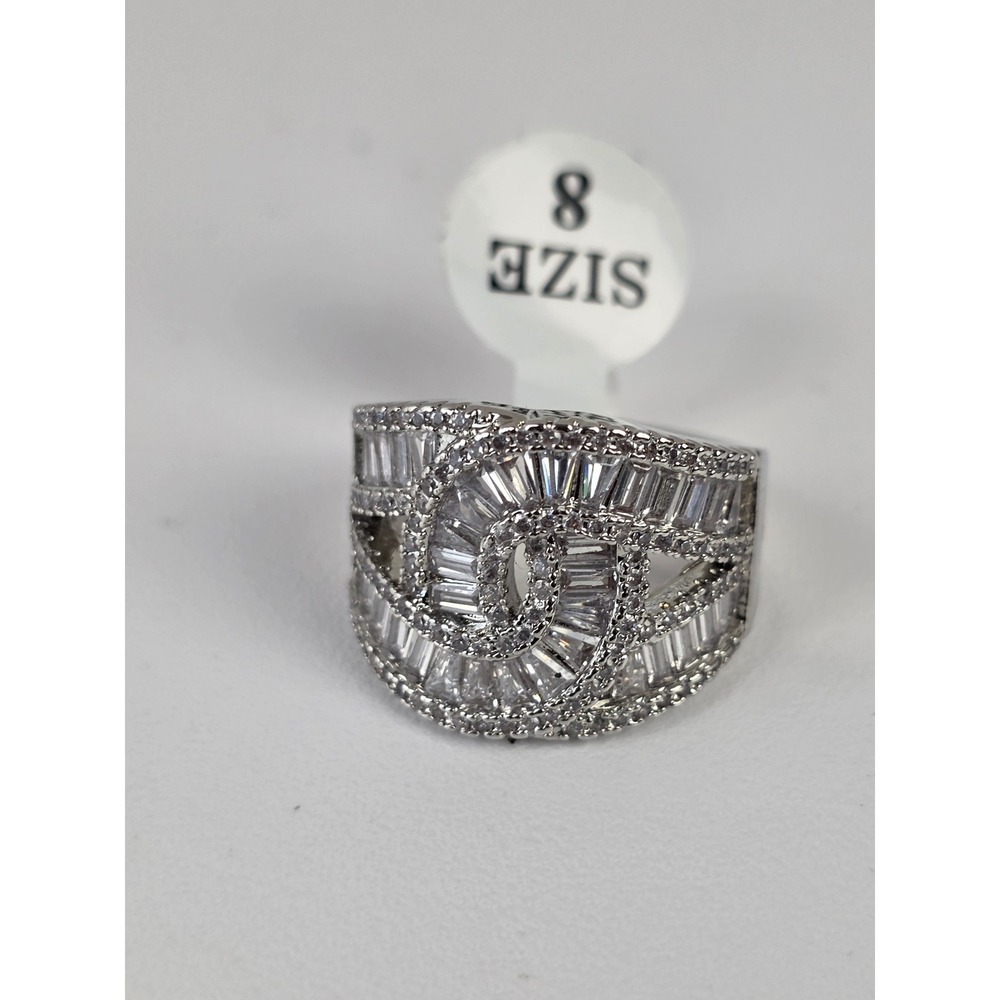 Silver Tone Baguette Cubic Zirconia Statement Ring Size 8 - Picture 4 of 6